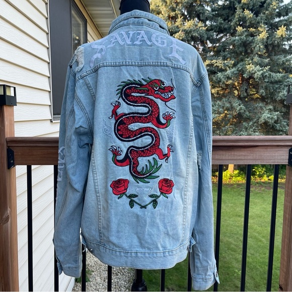 Carbon Savage Denim Jean Jacket Adult XL X-Large Embroidered Dragon Roses - Picture 1 of 14